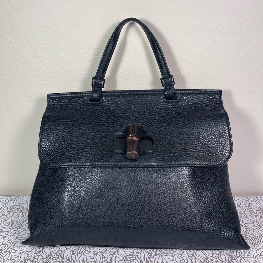 Gucci Bamboo Daily Black Leather Top Handle Bag | Made in Italy